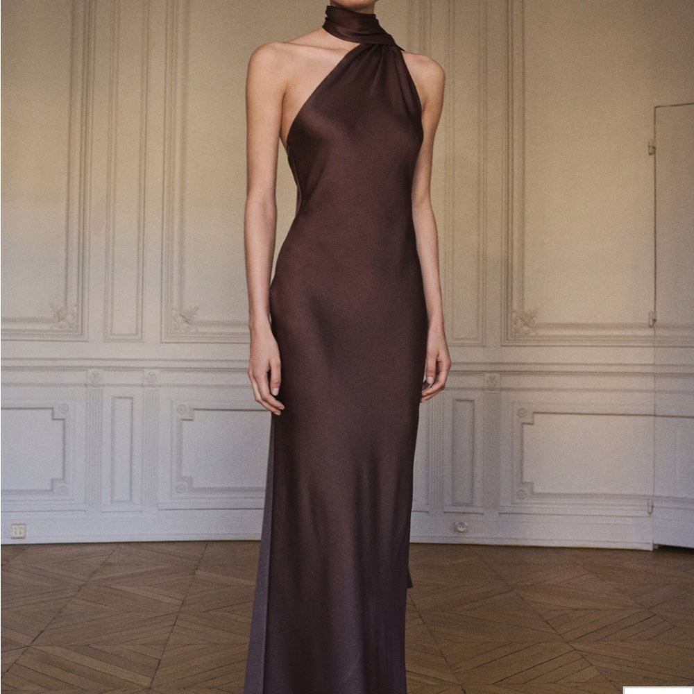 Mango Brown scarf neck one shoulder gown